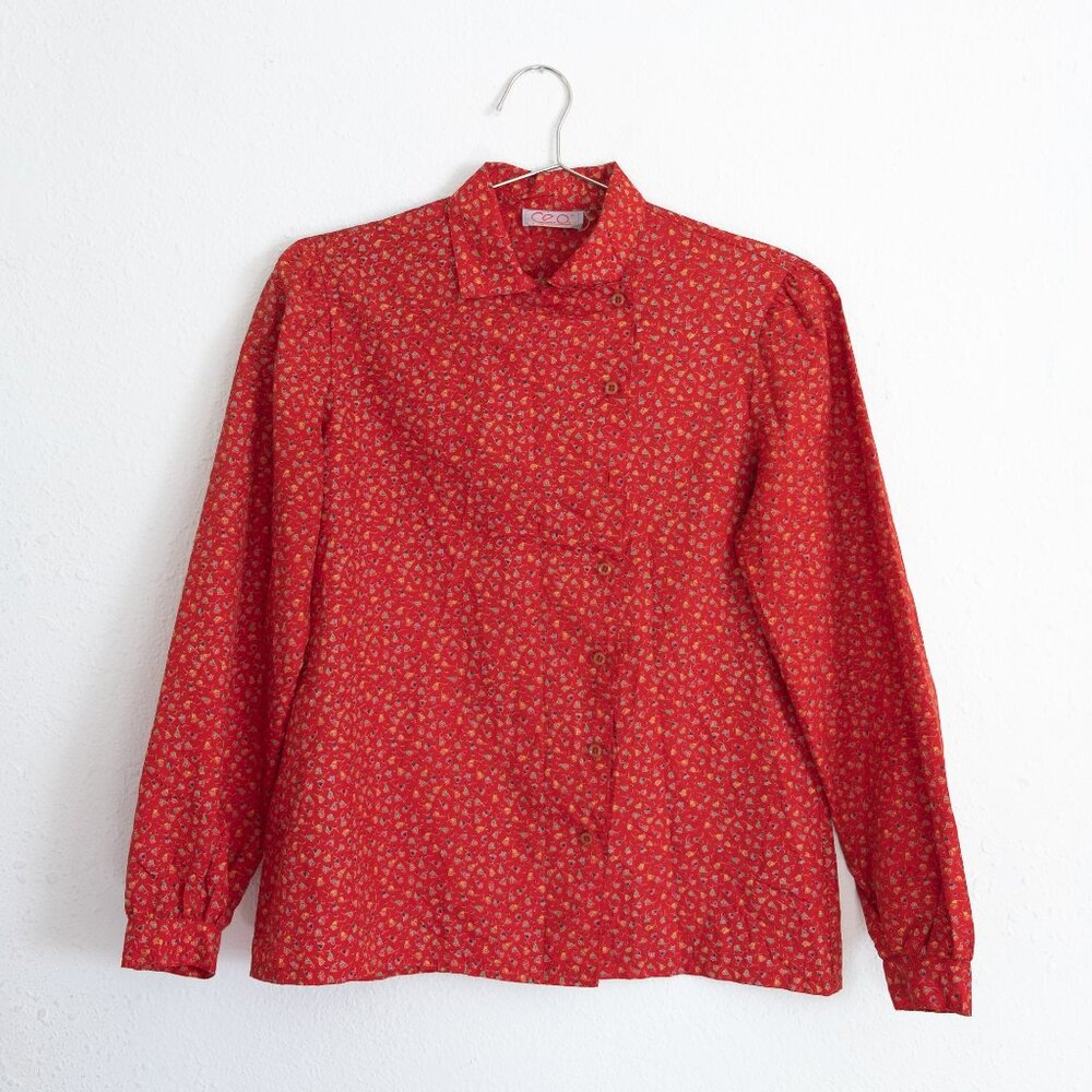 Vintage red button up blouse - small colorful floral detail, asymmetrical button